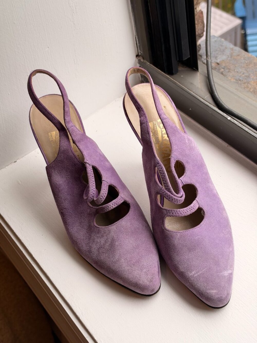 Vintage Salvatore Ferragamo Lilac Suede Cutout Slingback Heels